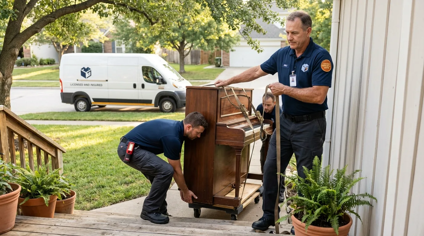Licensed piano movers securing grand piano in Shelby, OH