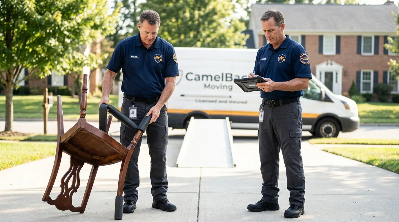 Movers inspecting furniture for damage prevention before loading in Shelby, OH