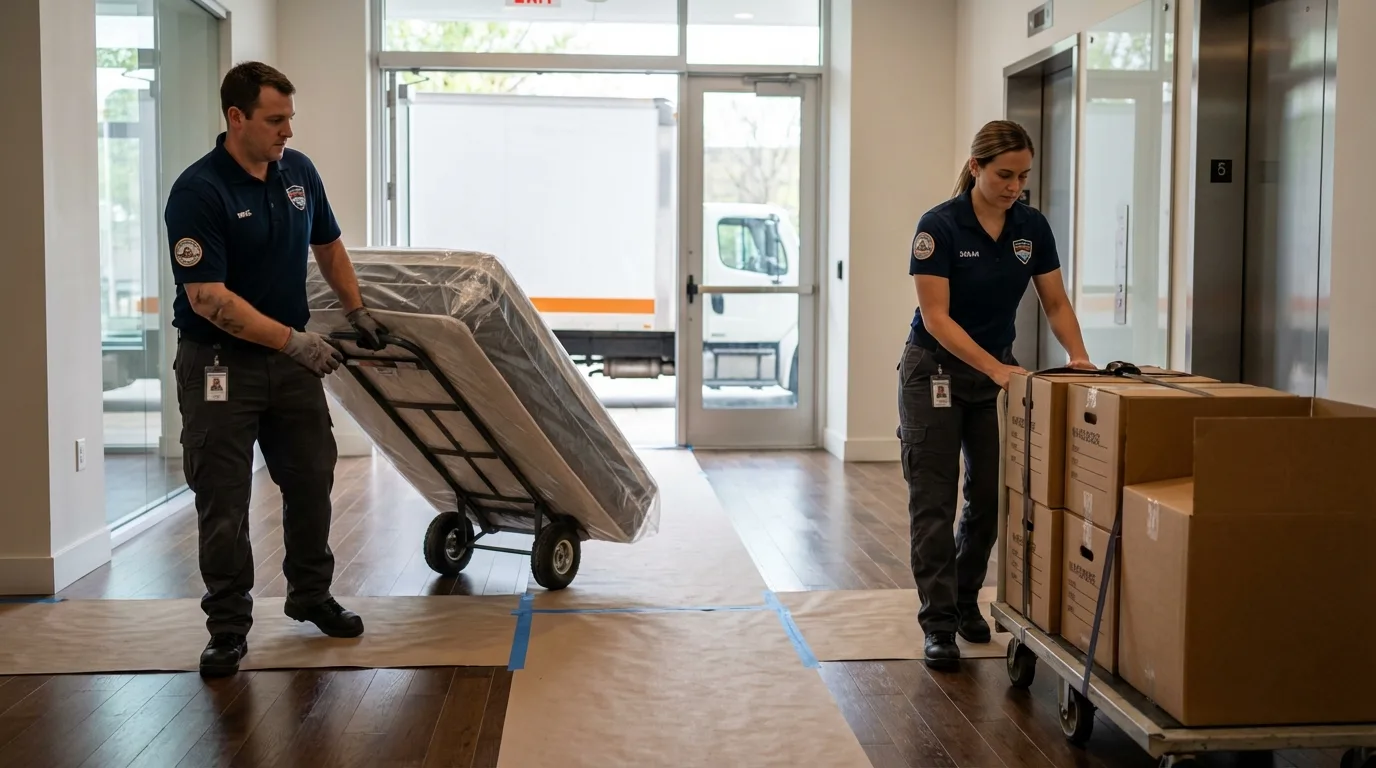 Professional apartment movers loading elevator in Shelby, OH
